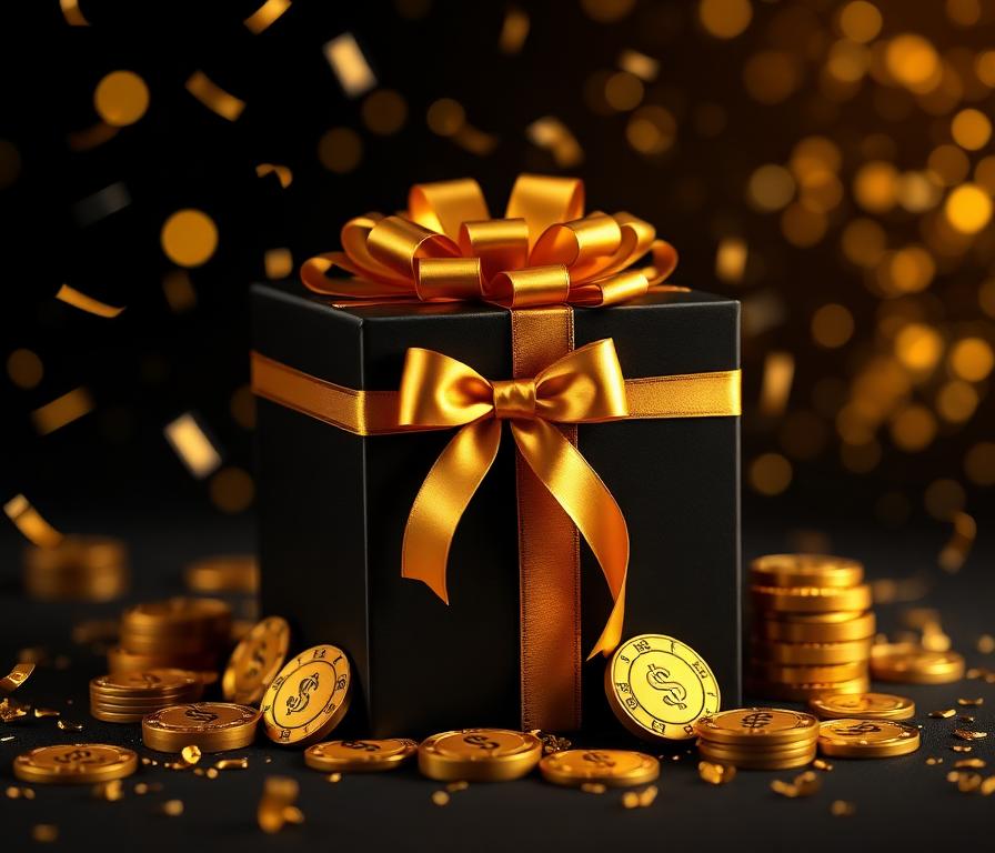 Caja de regalo con fichas y monedas doradas